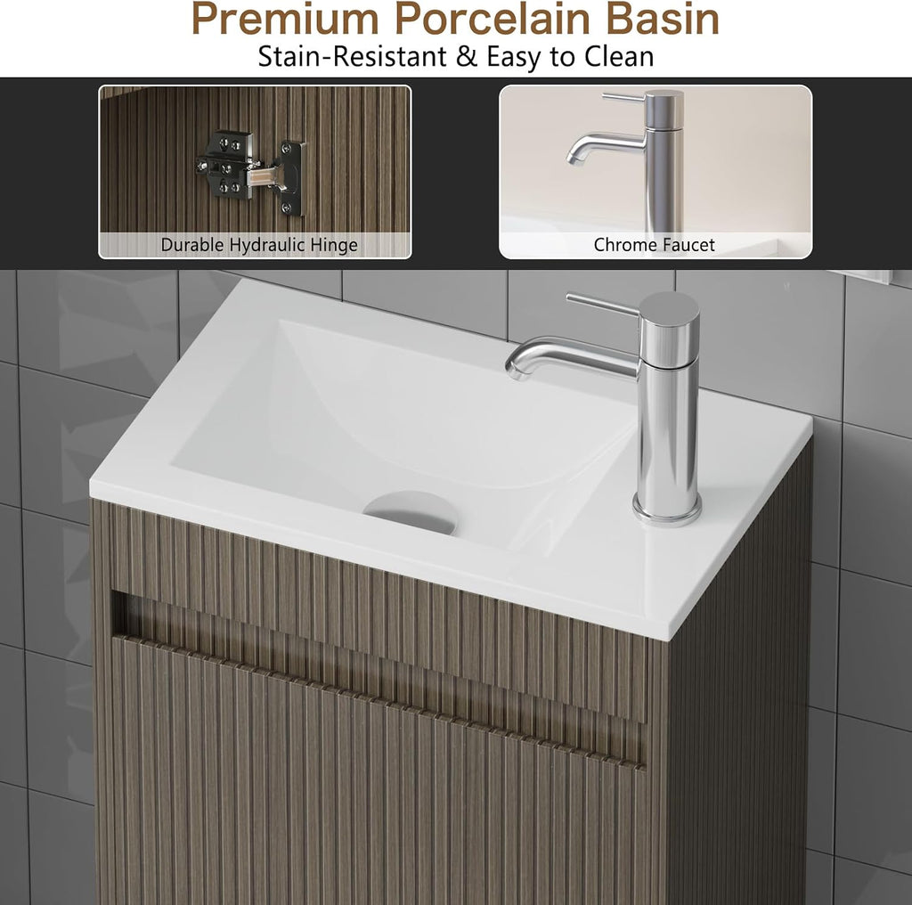 wonline 16' Small Bathroom Vanity Sink Combo Modern Wall Mounted Floating Cabinet W/Resin Basin Sink Top, Chrome Water Save Faucet & Pop Up Drain