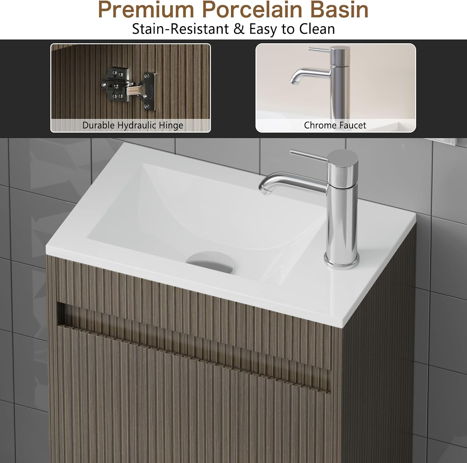 wonline 16' Small Bathroom Vanity Sink Combo Modern Wall Mounted Floating Cabinet W/Resin Basin Sink Top, Chrome Water Save Faucet & Pop Up Drain
