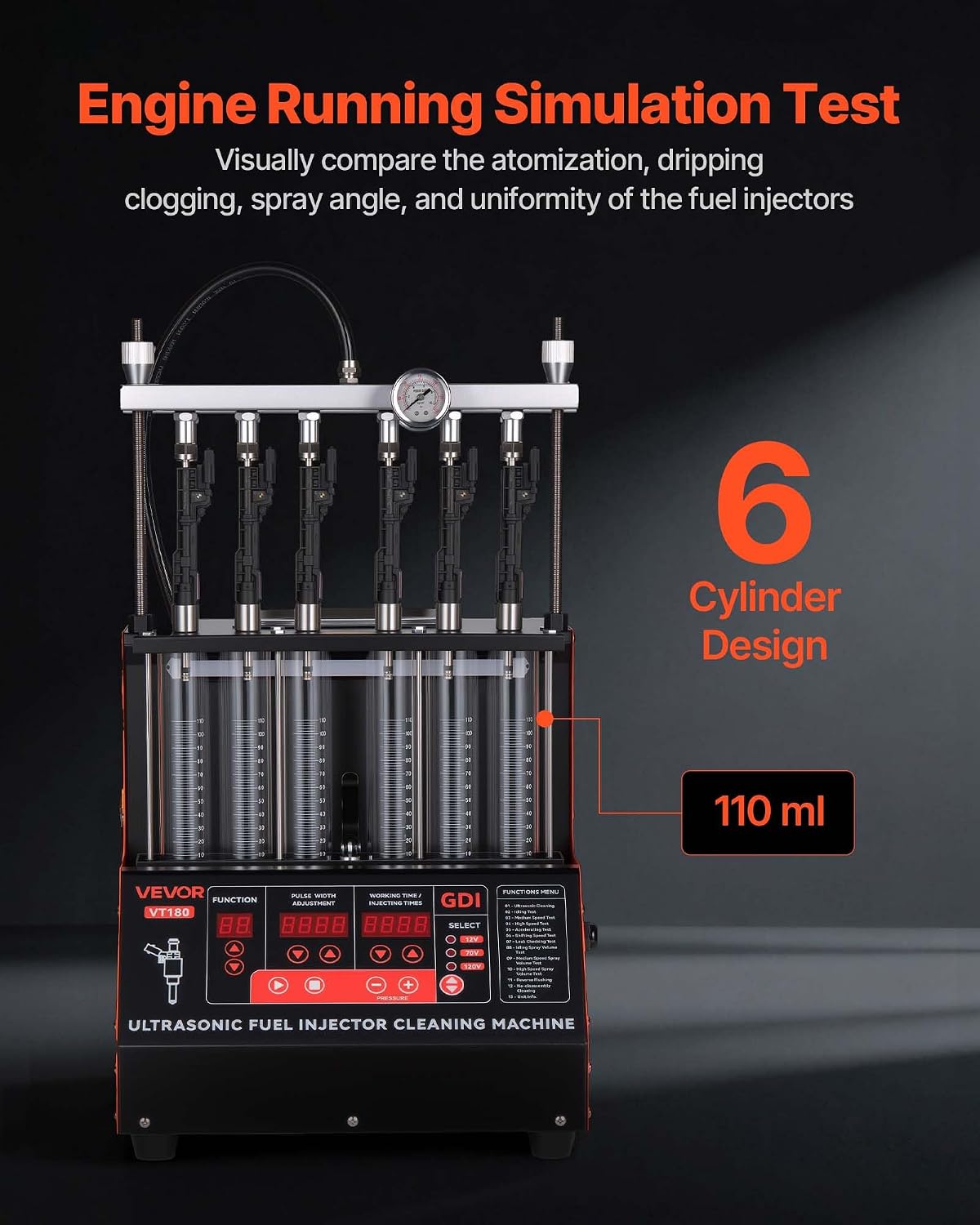 VEVOR Fuel Injector Cleaner Tester, 9 Test Modes, 6-Cylinder 28kHz Ultrasonic Cleaning Machine Adjustable 12V/70V/120V for EFI/FSI/GDI, Injector Cleaner Machine with Drain Valve for Car & Motorcycle
