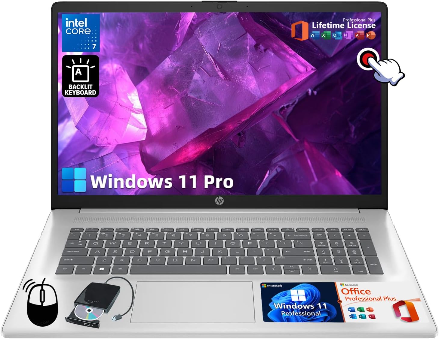 HP 17 Laptop Touchscreen Business Computer - Core 7 150U, Office Lifetime, 17.3' HD+ Display, Backlit Keyboard, Copilot, Long Battery Life, Windows 11 Pro, 32 GB RAM, 1 TB SSD