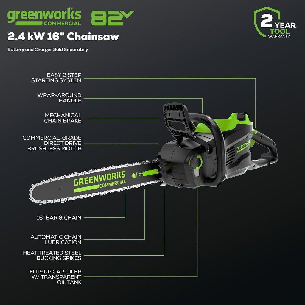 Greenworks 82V 16' Brushless (2.4 kW) Cordless Chainsaw (225 Cuts Per Charge), 4.0Ah Battery and Dual Port Rapid Charger (Great For Landscapers and Professionals