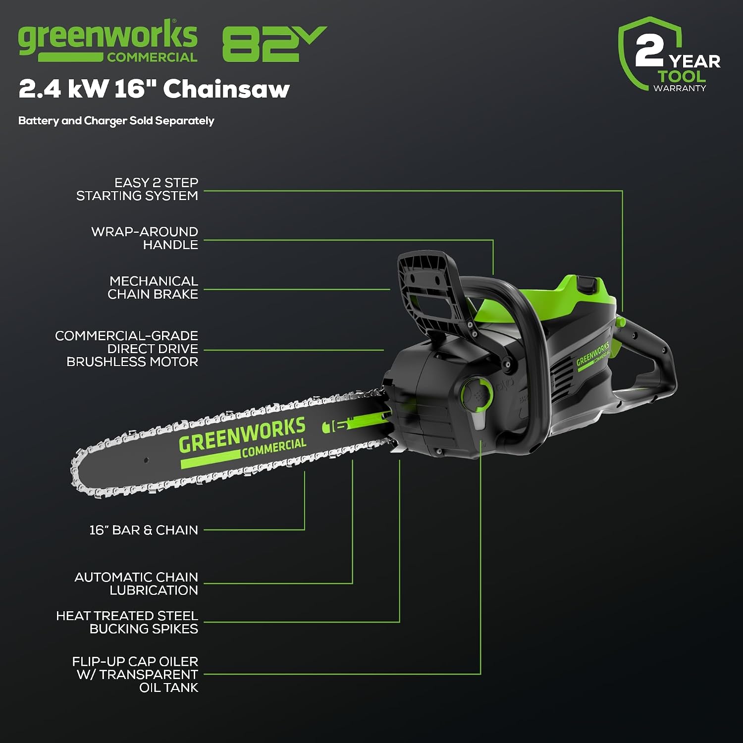 Greenworks 82V 16' Brushless (2.4 kW) Cordless Chainsaw (225 Cuts Per Charge), 4.0Ah Battery and Dual Port Rapid Charger (Great For Landscapers and Professionals