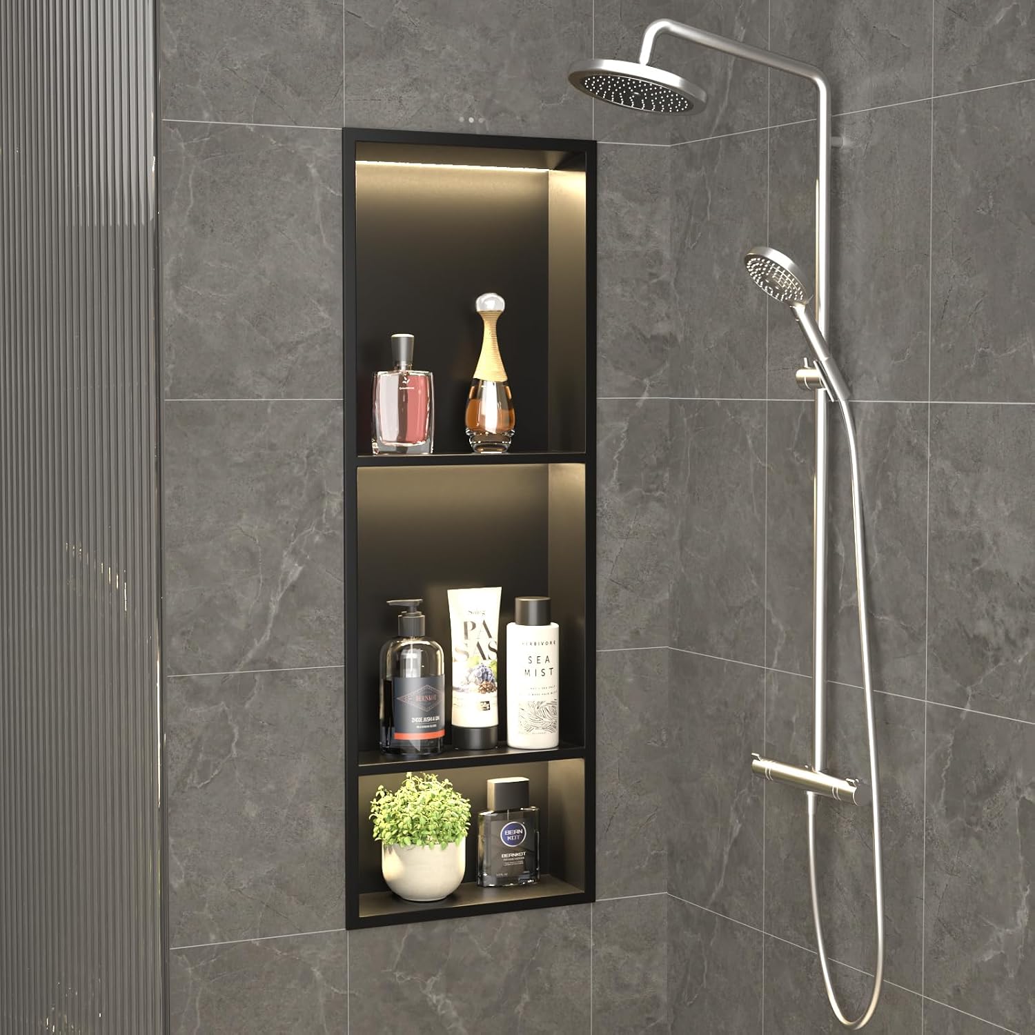 Stainless Steel Led Shower Niche Black 30' X 12' No Tile Needed | Recessed niche matte black w/ 3-tier shelf,Led driver UL listed,vertical niche,non-dimmable,3000K warm light IP66 waterproof