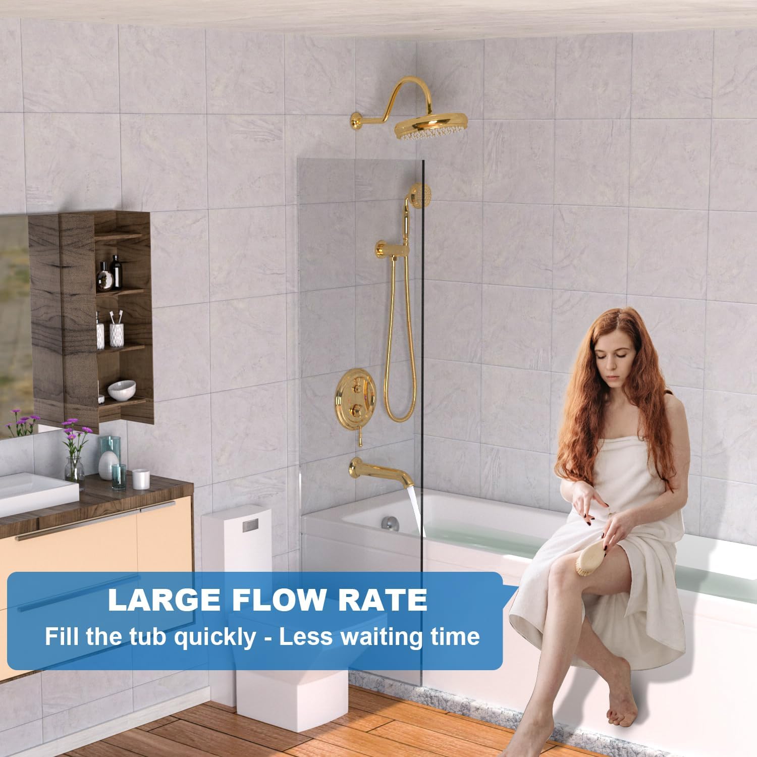 Enga Bright Gold Brass Shower Tub Faucet System Antique 8inch Rainfall Shower with Spout and Hand Spray