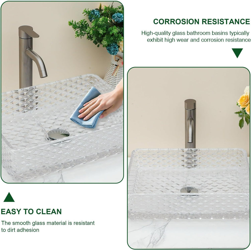 Sarlai Bathroom Vessel Sink Tempered Glass Bowl Vessel Sink with Pop-up Drain Combo 17-1/2x13 Inch Diamond Rectangular Countertop Bathroom Sink Basin
