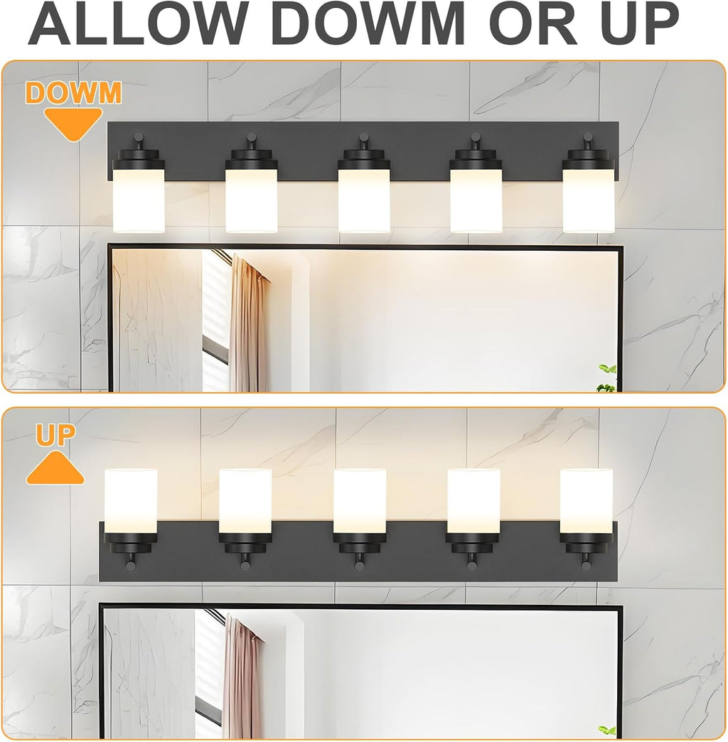 IZORRO Bathroom Vanity Light Fixture, 5-Light 36 Inch Matte Black Bathroom Light Fixtures Over Mirror, with White Glass Shade, Modern Farmhouse Vanity Lights, Rustic Restroom Lighting Fixtures