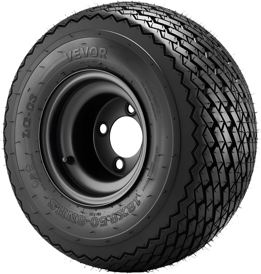 VEVOR Golf Cart Wheels, 8' 18x8.50-8 Black Steel Golf Cart Tires and Wheels Combo (Set of 4) Fit Club Car, EZGO, Yamaha, 4 Ply Rubber 4-Lug Lawn Mower Tires & Rims Assembly, 800 lbs Load, All-Terrain