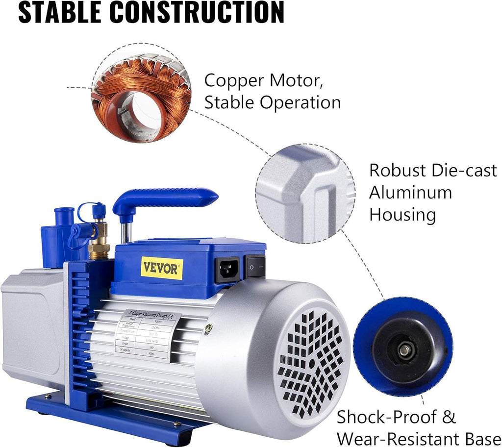 VEVOR Vacuum Pump 12 CFM 1 HP Double Stage Air Conditioning Vacuum Pump 110V Ultimate Vacuum Refrigerant HVAC Air Tool for Automobile Reparation Vacuum Evacuation