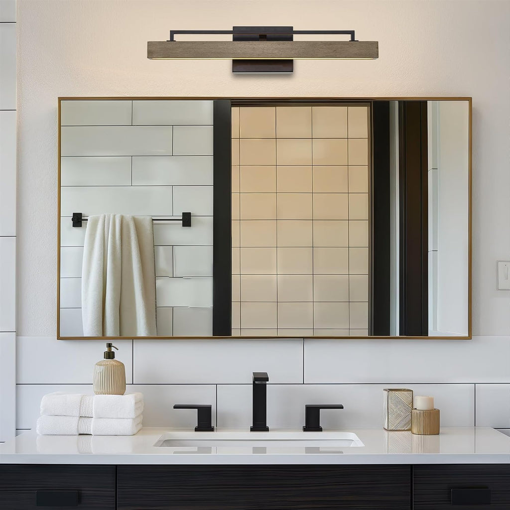 Kira Home Felix 25' Modern Farmhouse Integrated LED Bathroom Vanity Light, 24W 3000K Warm White Light, Hand-Painted Wood Grain Metal Linear Sconce, Smoked Birch and Black Finish