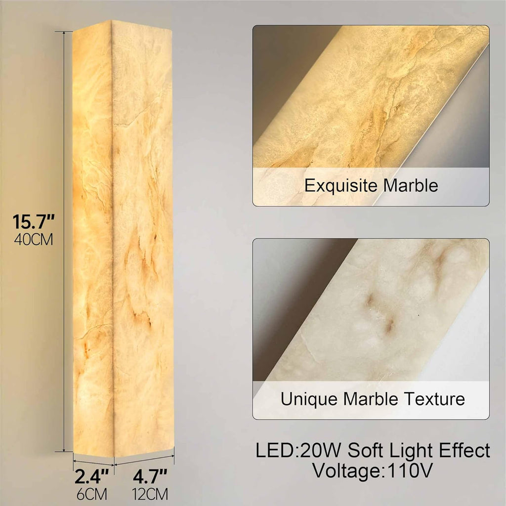 Alabaster Wall Sconces Natural Marble Bathroom Vanity Wall Light Fixture 15.7' Long Marble Wall Sconce Square Alabaster Stone Wall Mount Light Warm Light for Living Room Bedroom Hallway Stairs
