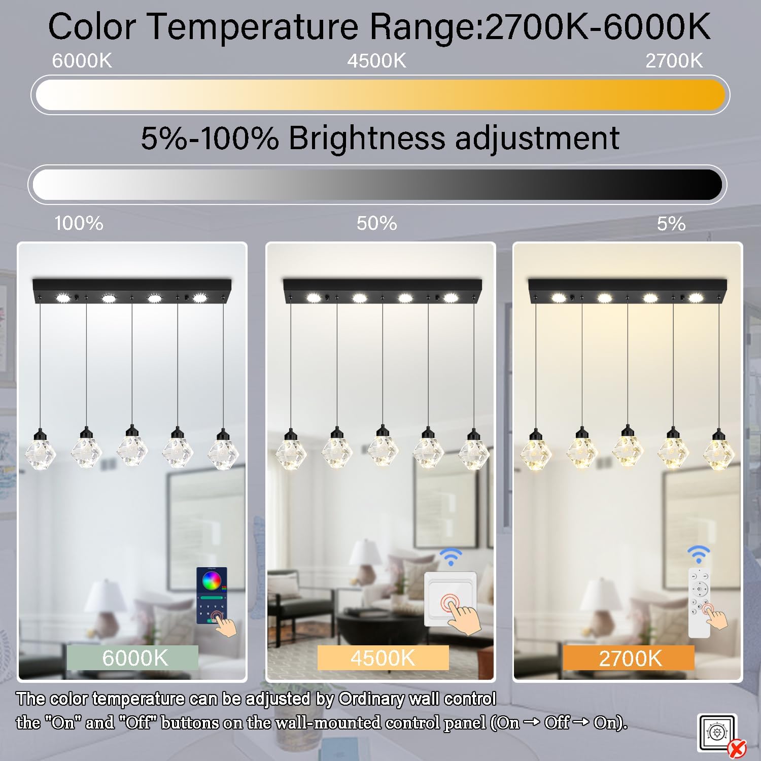 5-Lights Rectangular Pendant Light LED Dimmable Linear Crystal Chandelier Modern Rectangular Chandeliers for Dining Room Bedroom Black Hanging Light