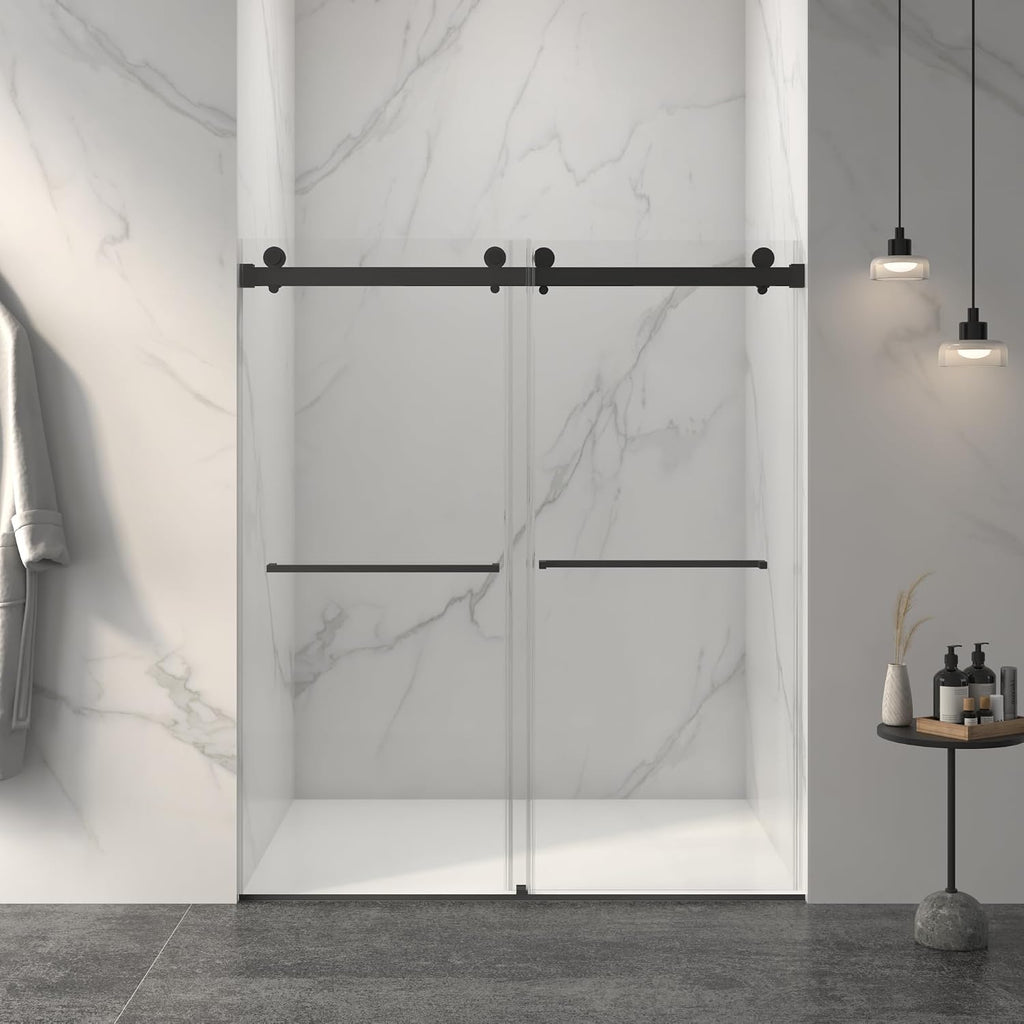 KEIKI 56-60' W x 70' H Frameless Double Sliding Shower Door, 5/16' (8mm) Thick SGCC Tempered Clear Glass, Double Side Easy Clean Coat, Matte Black Finished with Buffer