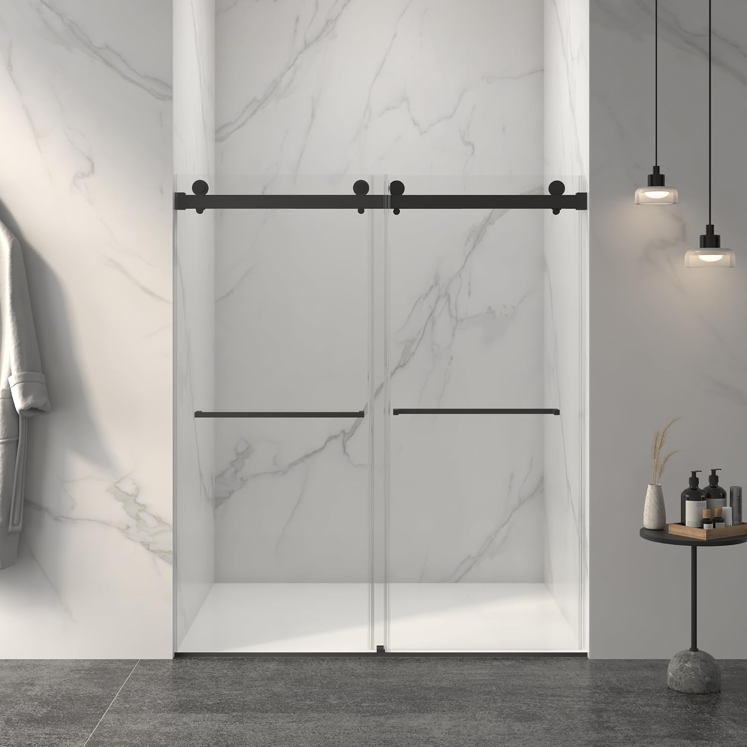 KEIKI 56-60' W x 70' H Frameless Double Sliding Shower Door, 5/16' (8mm) Thick SGCC Tempered Clear Glass, Double Side Easy Clean Coat, Matte Black Finished with Buffer