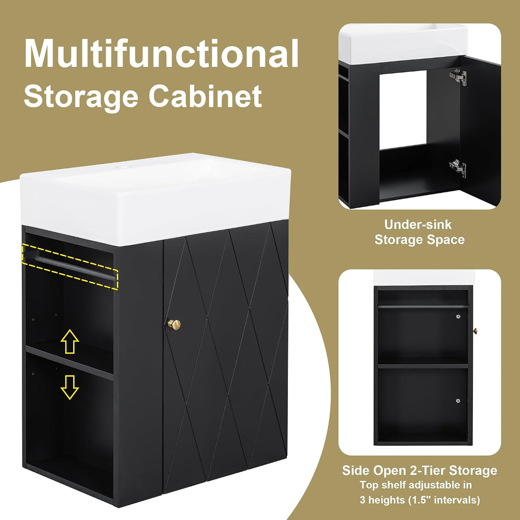 20-inch Bathroom Vanity with Sink Combo, Wall-Mounted Single Storage Cabinet with One Cabinet & Left 2-Tier Storage Shelves, Wooden Vanity with Ceramic Basin for Bathroom, Black