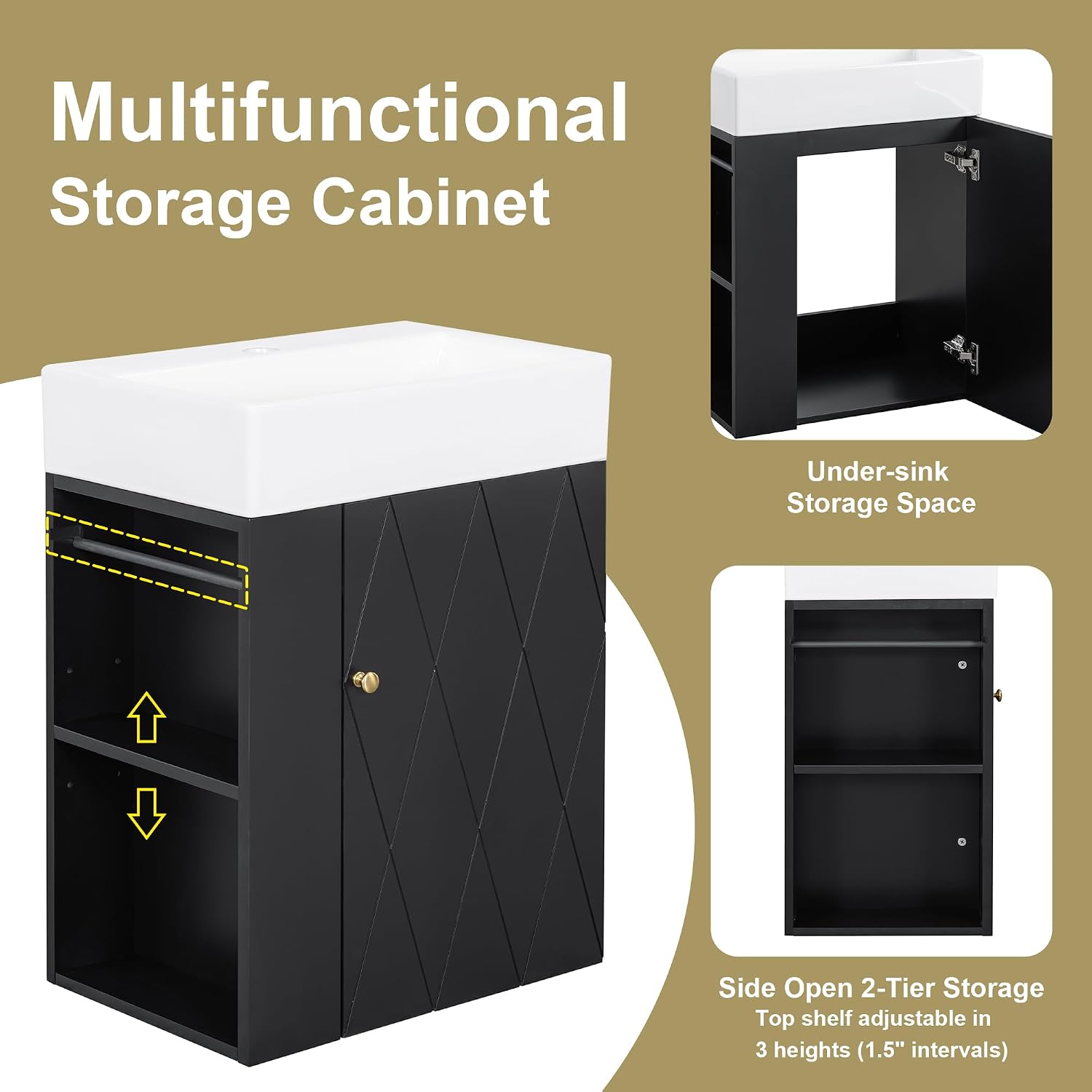 20-inch Bathroom Vanity with Sink Combo, Wall-Mounted Single Storage Cabinet with One Cabinet & Left 2-Tier Storage Shelves, Wooden Vanity with Ceramic Basin for Bathroom, Black