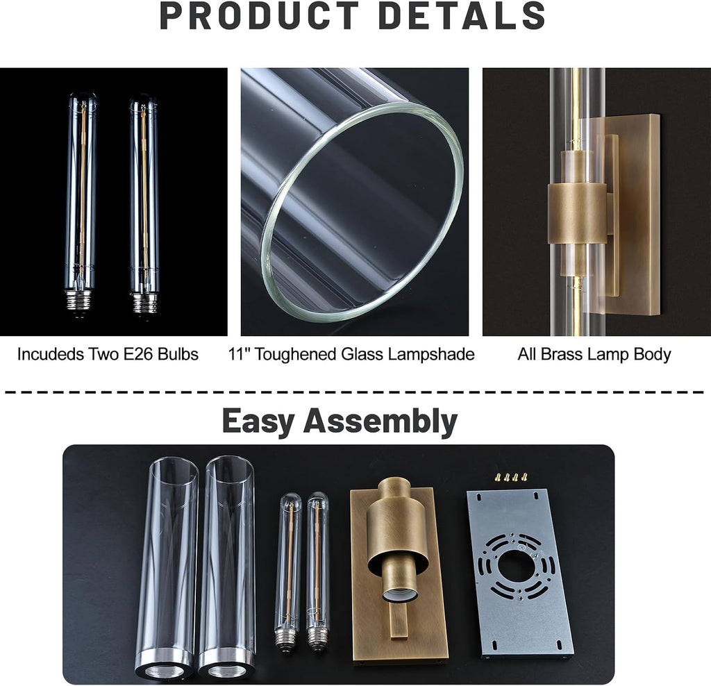Brass Bathroom Vanity Wall Sconces, Glass Tube Wall Sconces, 24 Inch Horizontal or Vertical Linear Wall Sconces,Gold Vanity Light, Bathroom Wall Sconce, E26 Bulb Included