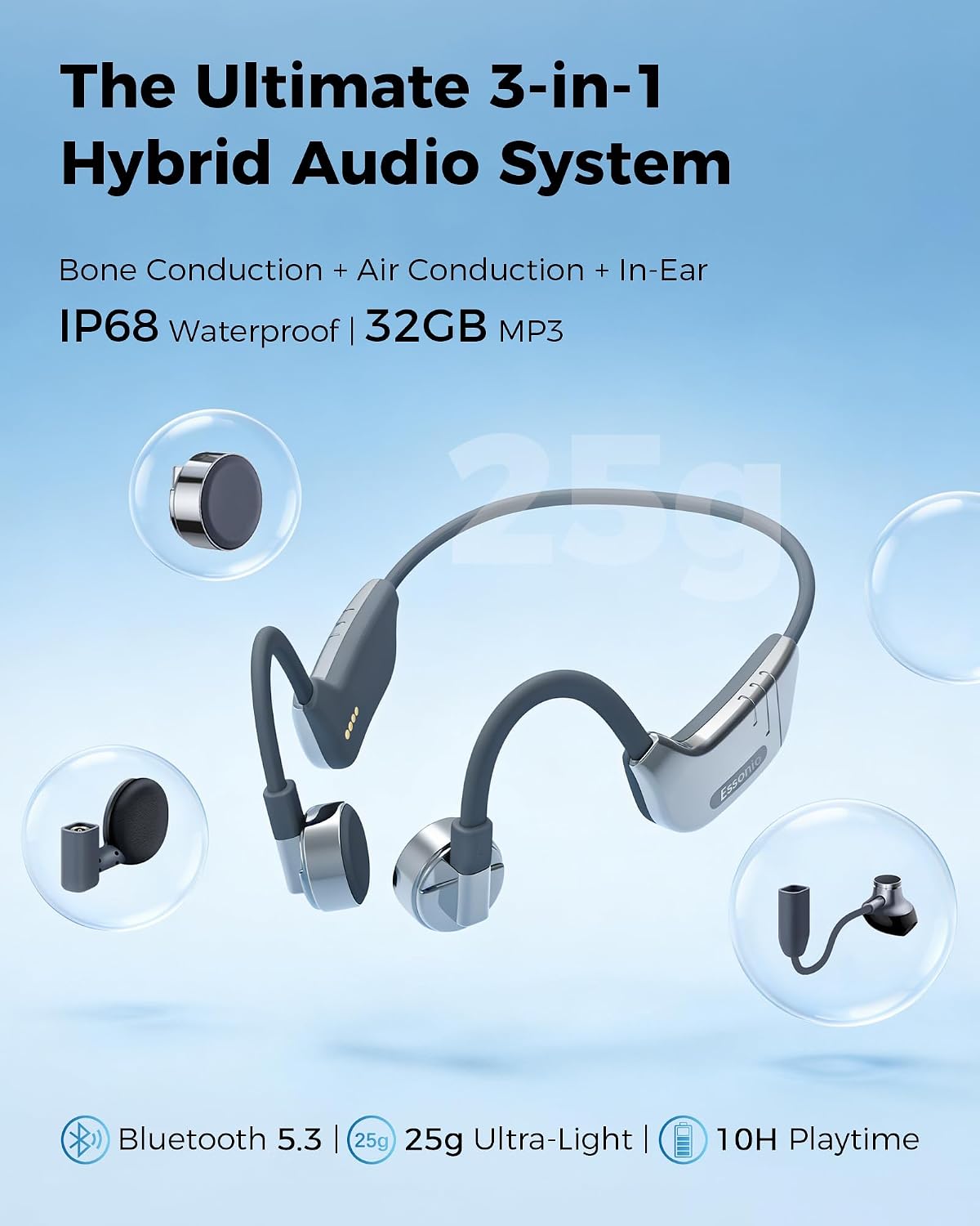 K9 Pro 3-in-1 Bone Conduction Headphones, Open Ear Bluetooth Sports Headset with Detachable Ear Tips, Waterproof MP3 Headphones with AI Voice Control, Noise Cancelling Mic for Swimming Running Gym