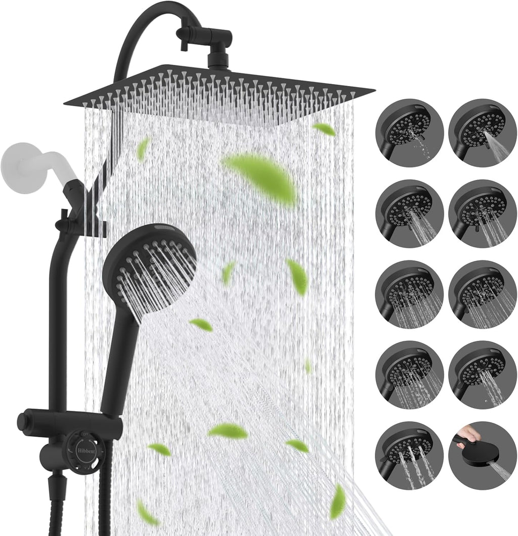 Hibbent cUPC Certified All Metal 12' Rainfall Showerhead Combo, High Pressure Shower Head with 10-Sprays Handheld, Innovative 4-way Diverter with Pause Mode, 71'' Shower Hose and Holder, Matte Black
