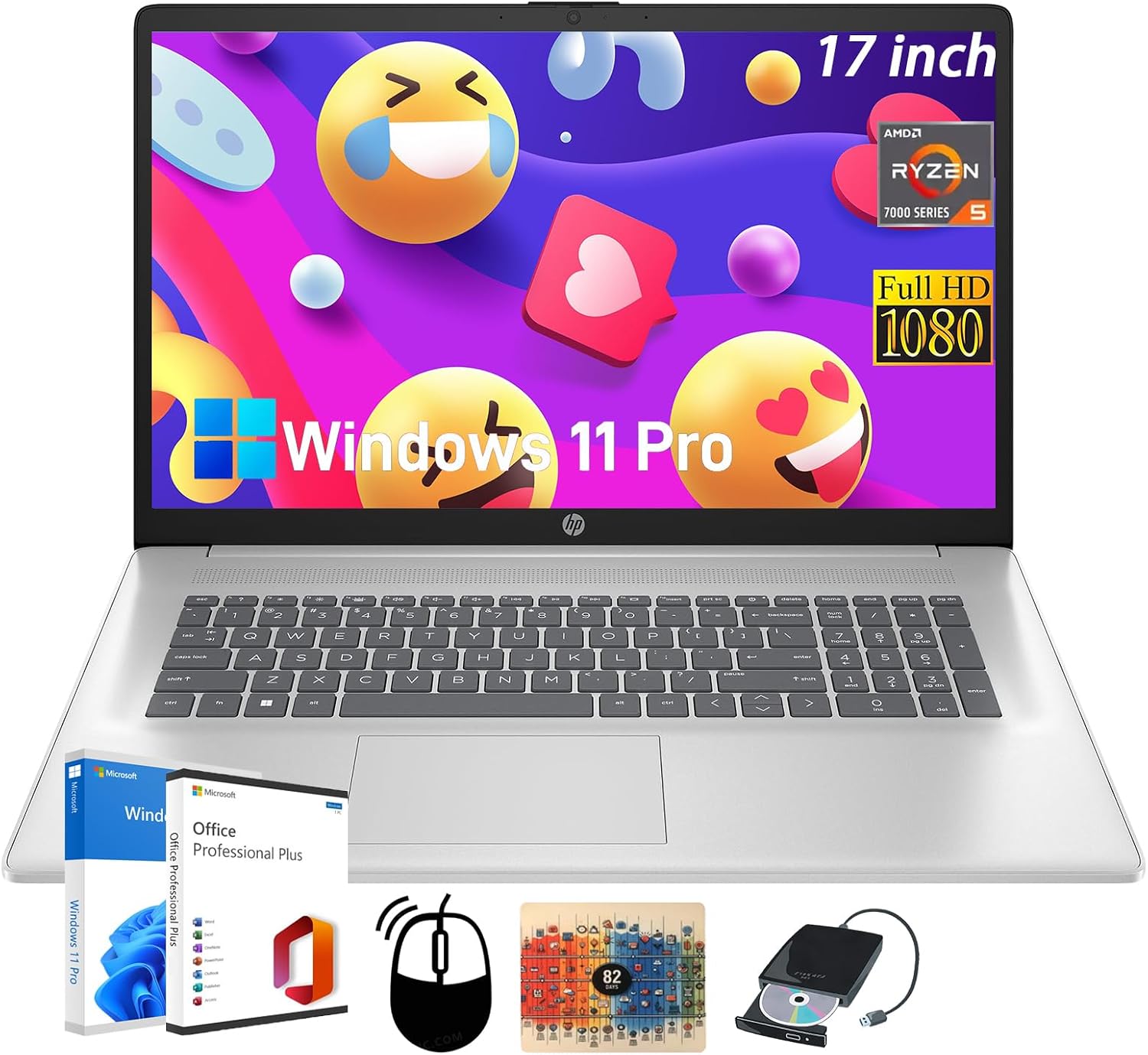 HP 17 inch Business Laptop Computer - Office Lifetime, 17.3' FHD+ Display, AMD Ryzen 5 7430U(Beats i7), AMD Radeon Graphics, Windows 11 Pro, Wi-Fi6, Fast Charge (32GB RAM | 2TB SSD)