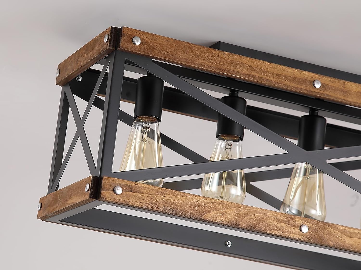 4-Light Large Rustic Farmhouse Wood Flush Mount Ceiling Light Fixture 23.6 inch Oak Wood and Metal Rectangular Track Semi Flush Mount Ceiling Light for Kitchen Living Room Bedroom Indoor, Black