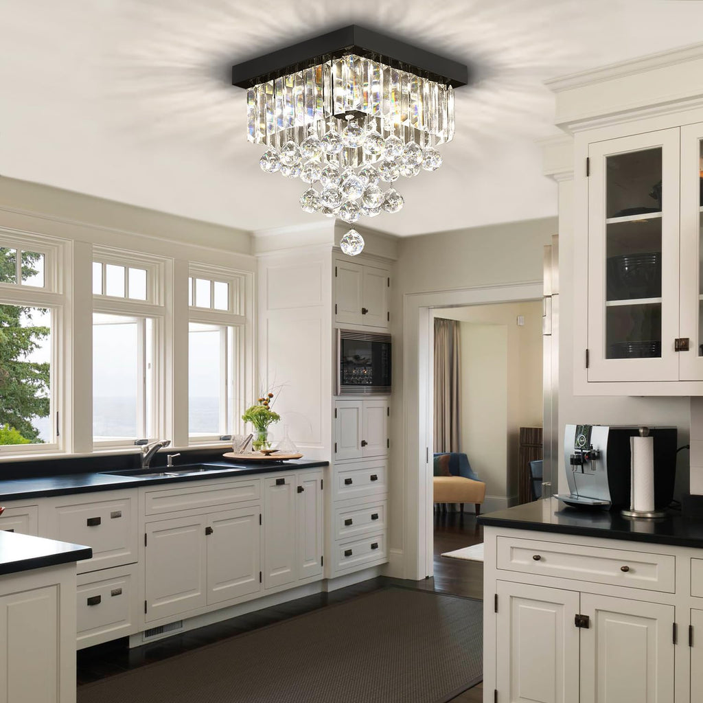 Modern Black Square Crystal Flush Mount Ceiling Light 12' 4 Lights K9 Crystal Chandelier Lighting Fixture for Bedroom Dining Room Kitchen Hallway Entryway Closet Small Living Room