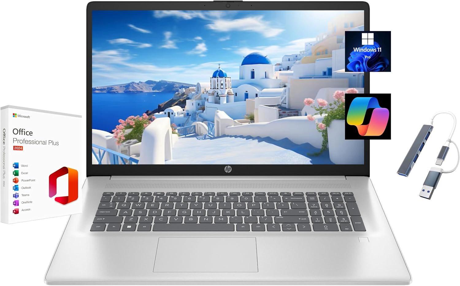 HP 2025 17.3' HD+ Laptop, with Free Lifetime Microsoft Office 2024, Intel Core i5-1334U, 12GB RAM, 512GB SSD, Intel Iris Xe Graphics, Windows 11 Pro, Natural Silver, with USB Hub
