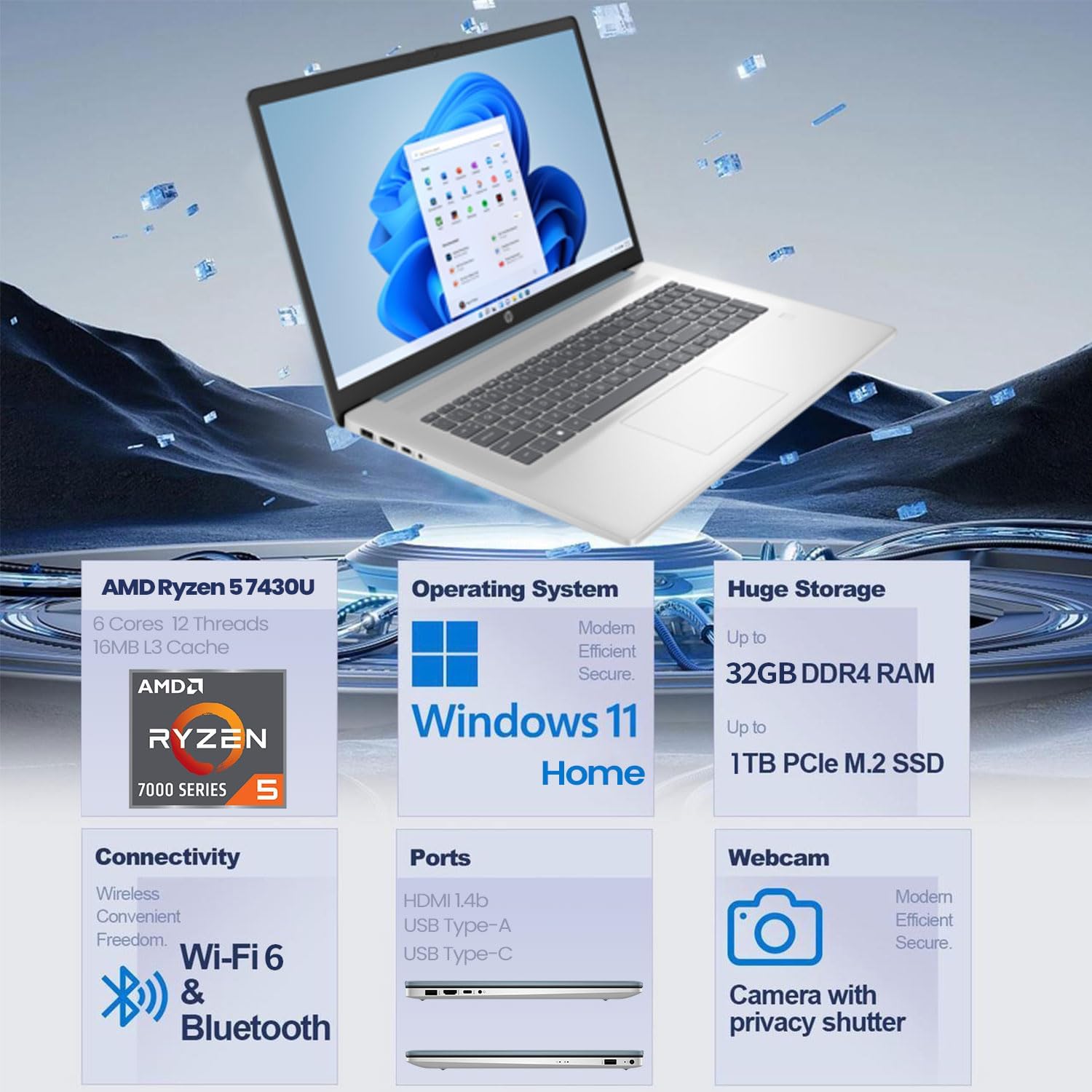 HP 17 Laptop PC, 17.3' HD+ Touchscreen, AMD Ryzen 5 7430U, 8GB RAM, 512GB PCIe SSD, Fingerprint Reader, Backlit KB, Webcam, HDMI, Wi-Fi 6, Win11 Home, Bundle with PCO Notebook Fold Radiator, Cooler