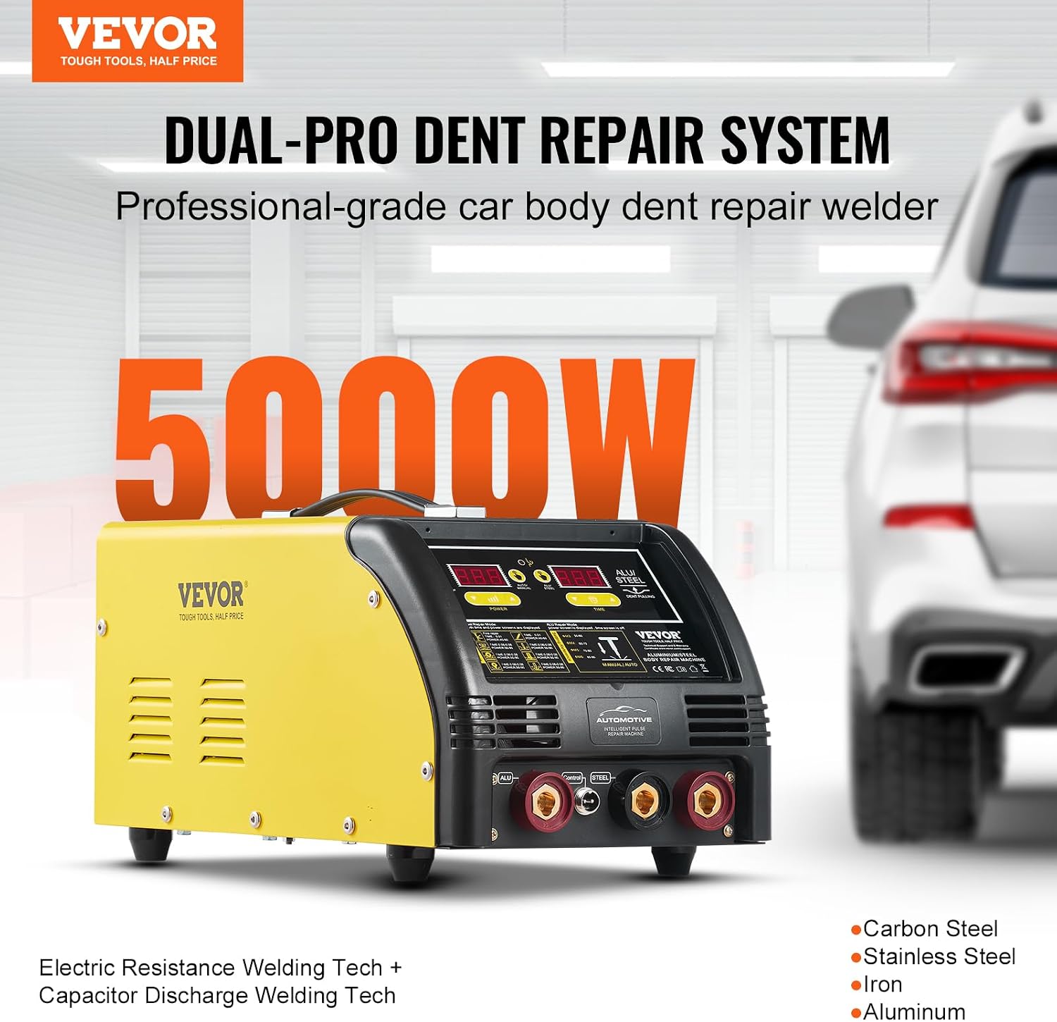 VEVOR Dual Pro Stud Welder Deluxe AL/Fe Dent Repair Kit, Professional 5KW Welder with Auto/Manual Welding and 10 Modes, 110V Spot Welding Dent Repair Machine for Steel & Aluminum Auto Panels Repair