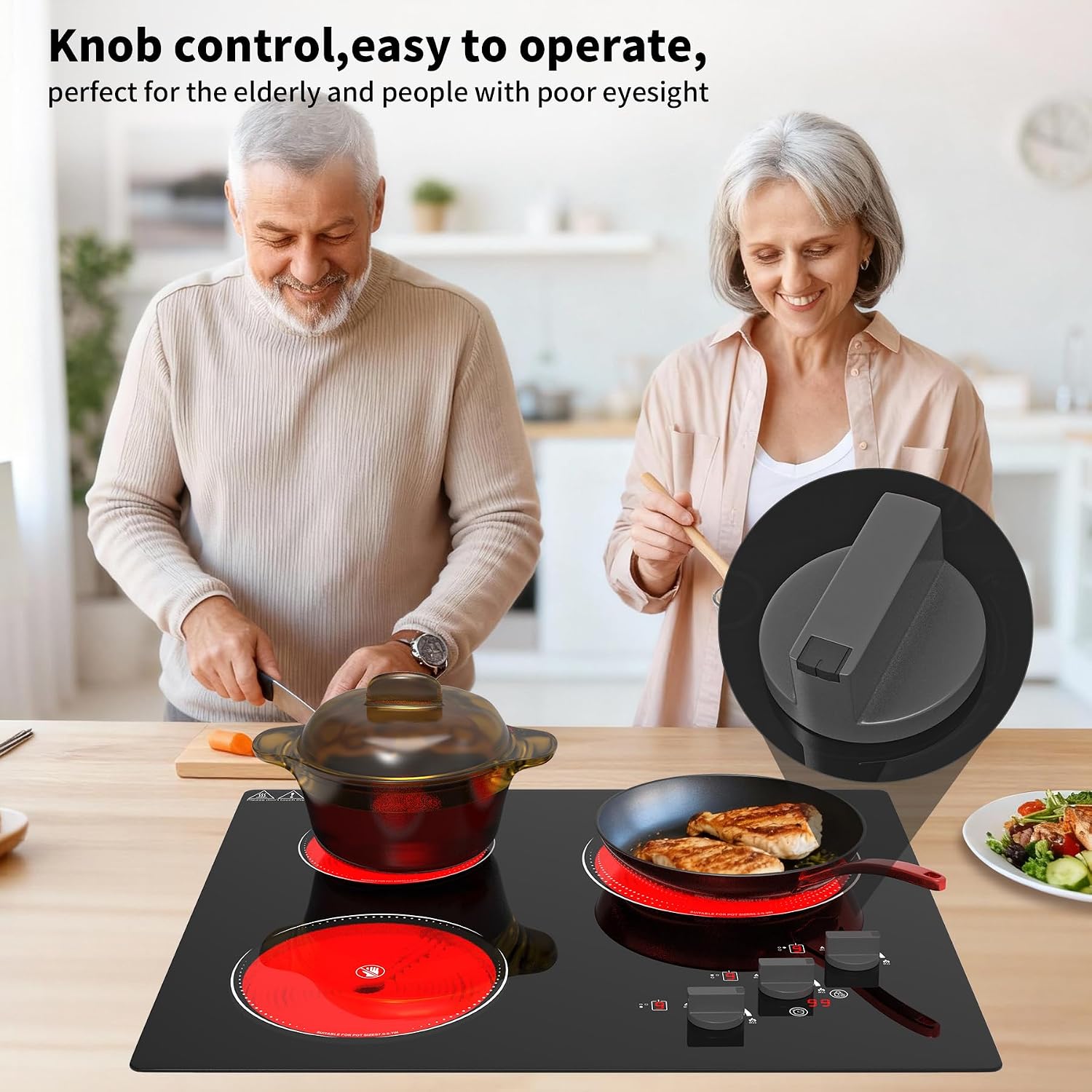 GIHETKUT Electric Cooktop, 220V 5000W Stove Top, 9 Power Levels, Kids Lock & Timer, Hot Surface Indicator, Overheat Protection,knob and touch control 3 Burner Electric cooktop