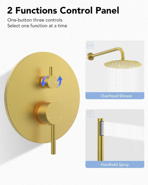 10' High-Pressure Rainfall Shower System with Handheld Spray, Wall Mount Bathroom Shower Faucet Set (Brushed Gold)