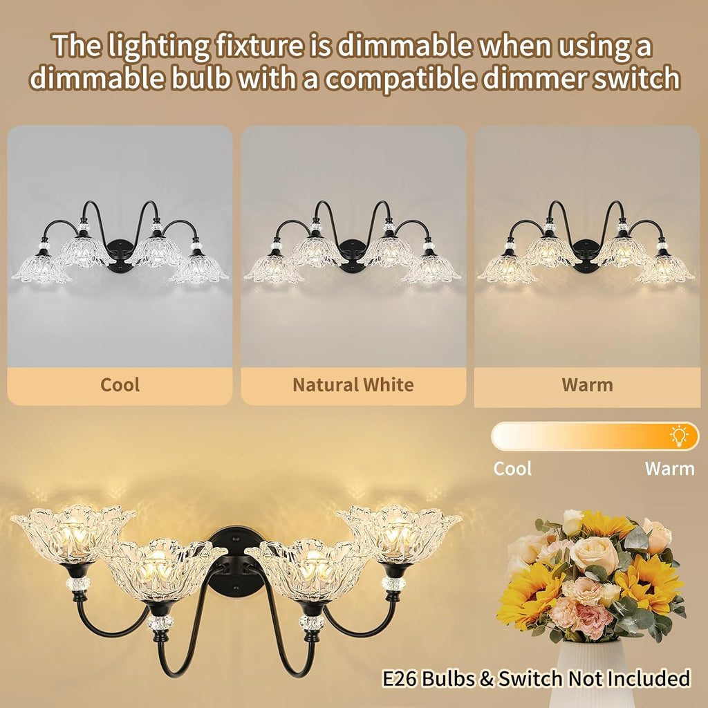 4-Light Matte Black Bathroom Vanity Light, Farmhouse Vanity Light with Floral Clear Glass Shades, Vintage Wall Mount Lighting for Bathroom
