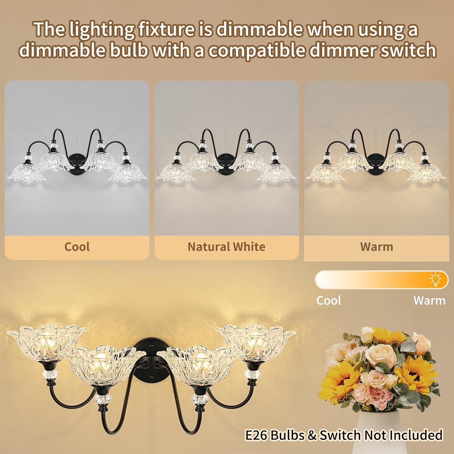 4-Light Matte Black Bathroom Vanity Light, Farmhouse Vanity Light with Floral Clear Glass Shades, Vintage Wall Mount Lighting for Bathroom