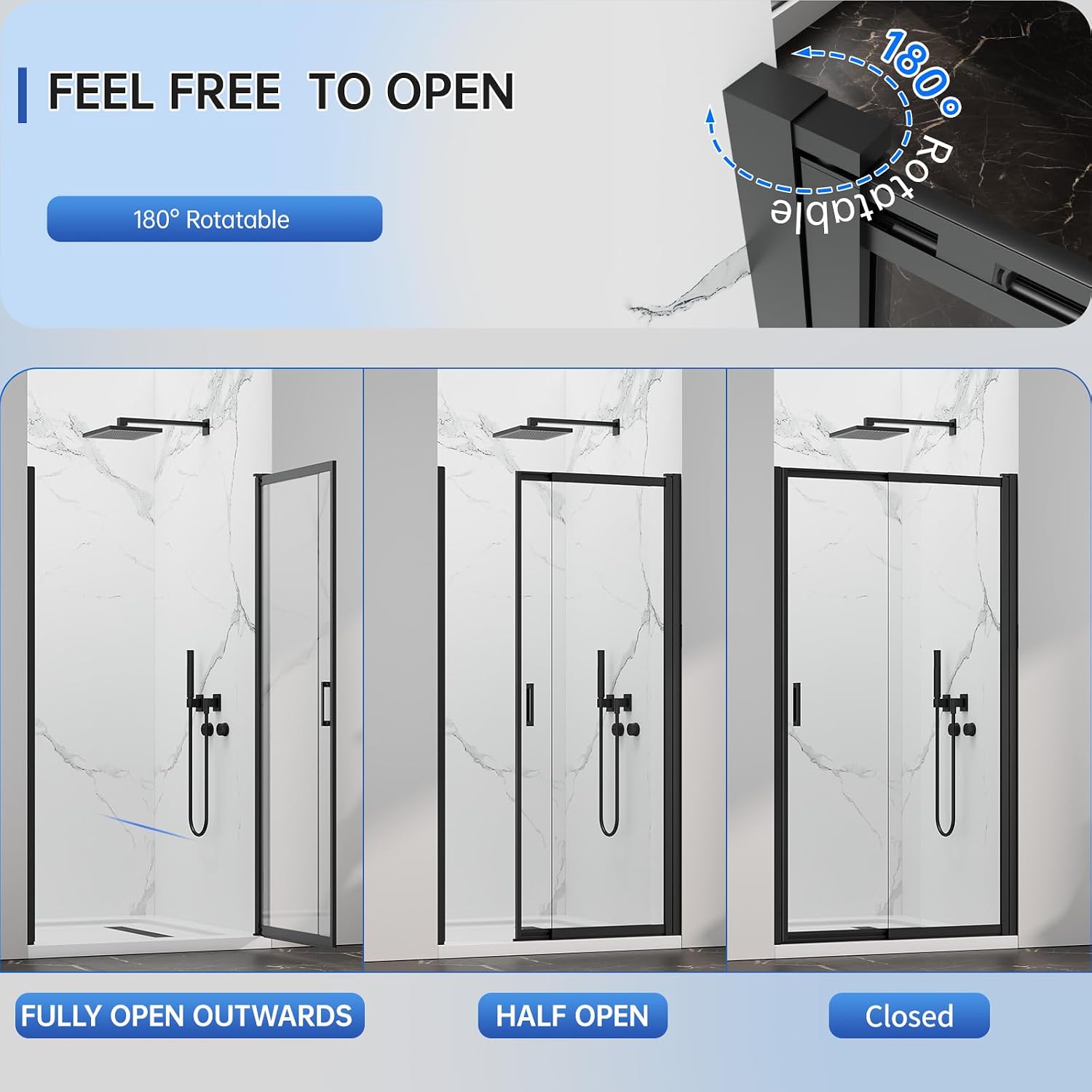 27-30' W x 72' H Pivot Swing Glass Shower Doors, 180° Rotating Retractable Bathroom Shower Door, Frameless Sliding Extended Bypass Shower Door with 3/16'(5mm) Clear SGCC Tempered Glass Matte Black