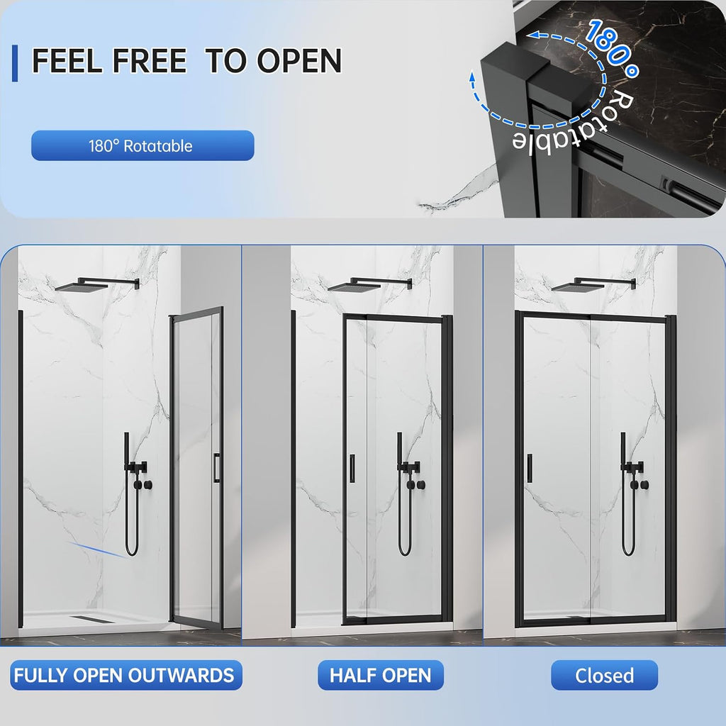 34-37' W x 72' H Pivot Swing Glass Shower Doors, 180° Rotating Retractable Bathroom Shower Door, Frameless Sliding Extended Bypass Shower Door with 3/16'(5mm) Clear SGCC Tempered Glass Matte Black