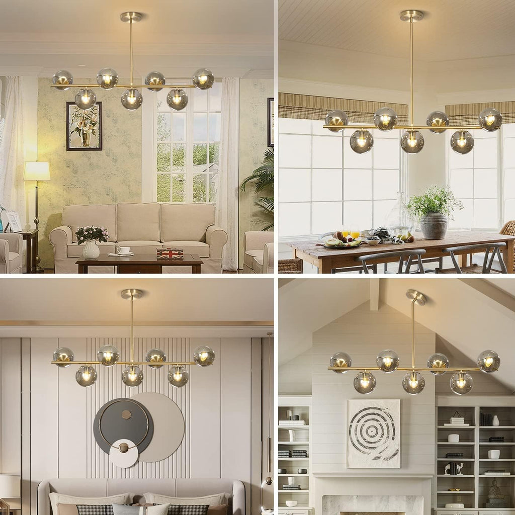 KCO Mid Century Modern 7 Light Brass Gold Linear Sputnik Chandelier | 31.5' Rod for Sloped Ceiling 7W 3000K E26 Bulb Included, Smoke Gray Glass Globe Pendant Light Fixture for Kitchen Dining Room