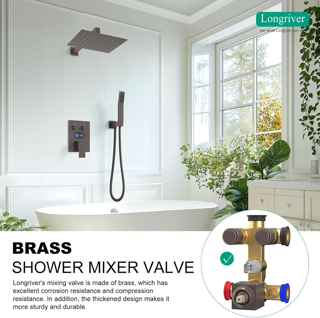 Push Button Diverter Shower Faucet Set Hydro Power Temperature Display, Shower System 10 Inches Shower Head with Handheld Spray, Wall Mounted Shower Fixtures with Valve and Trim Kit, Oil Rubbed Bronze