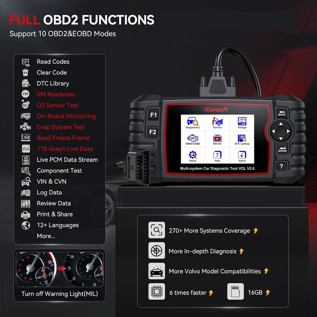 iCarsoft VOL V2.0 OBD2 Scanner for Volvo/SAAB, Auto in-Depth Full Systems Scan OBD2 Diagnostic Tool, 118 Graph Data/Battery Test/Reset, ABS SRS Engine Transmission Code Reader