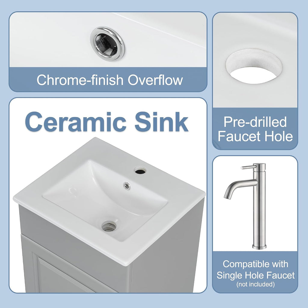 18-inch Bathroom Vanity Sink Combo, Free-Standing Single Storage Cabinet with Adjustable Shelf & Storage Rack, Wooden Bath Vanity with Ceramic Basin for Bathroom (Grey)