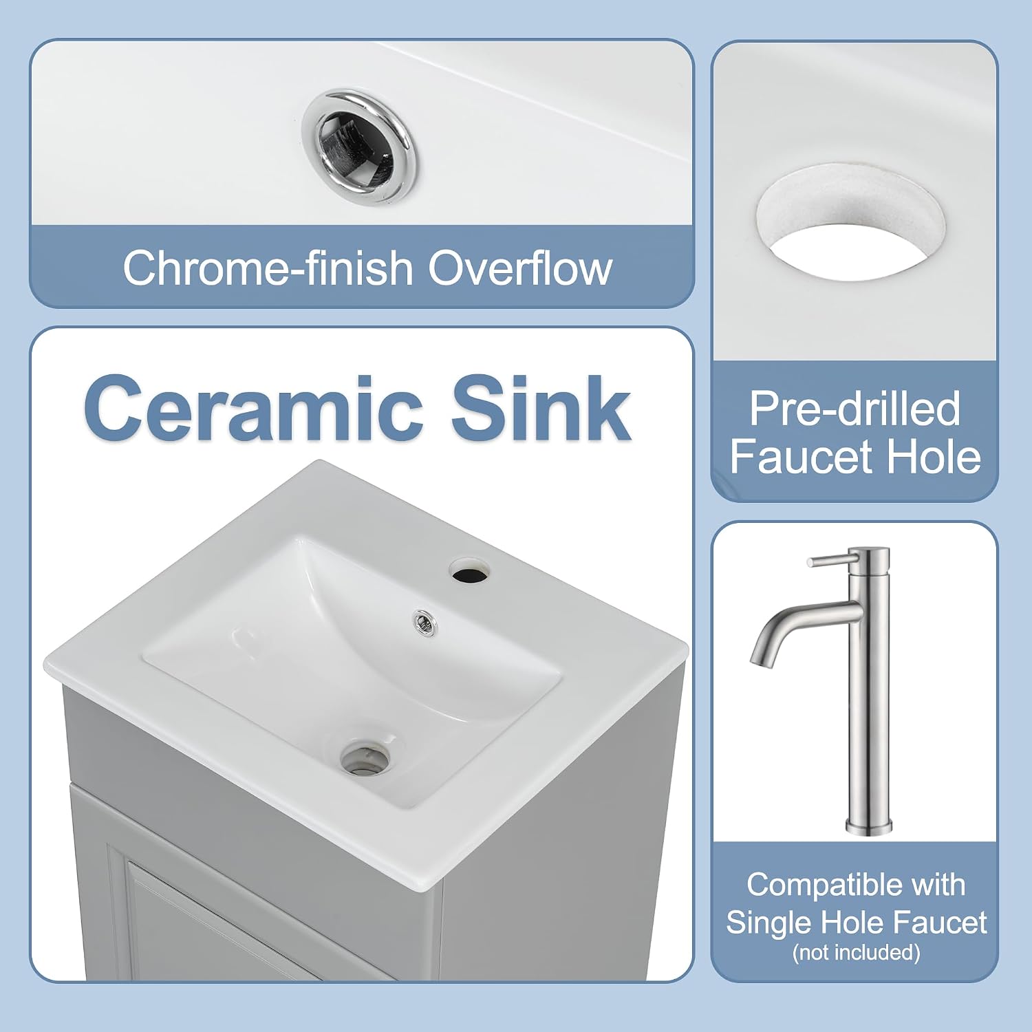 18-inch Bathroom Vanity Sink Combo, Free-Standing Single Storage Cabinet with Adjustable Shelf & Storage Rack, Wooden Bath Vanity with Ceramic Basin for Bathroom (Grey)
