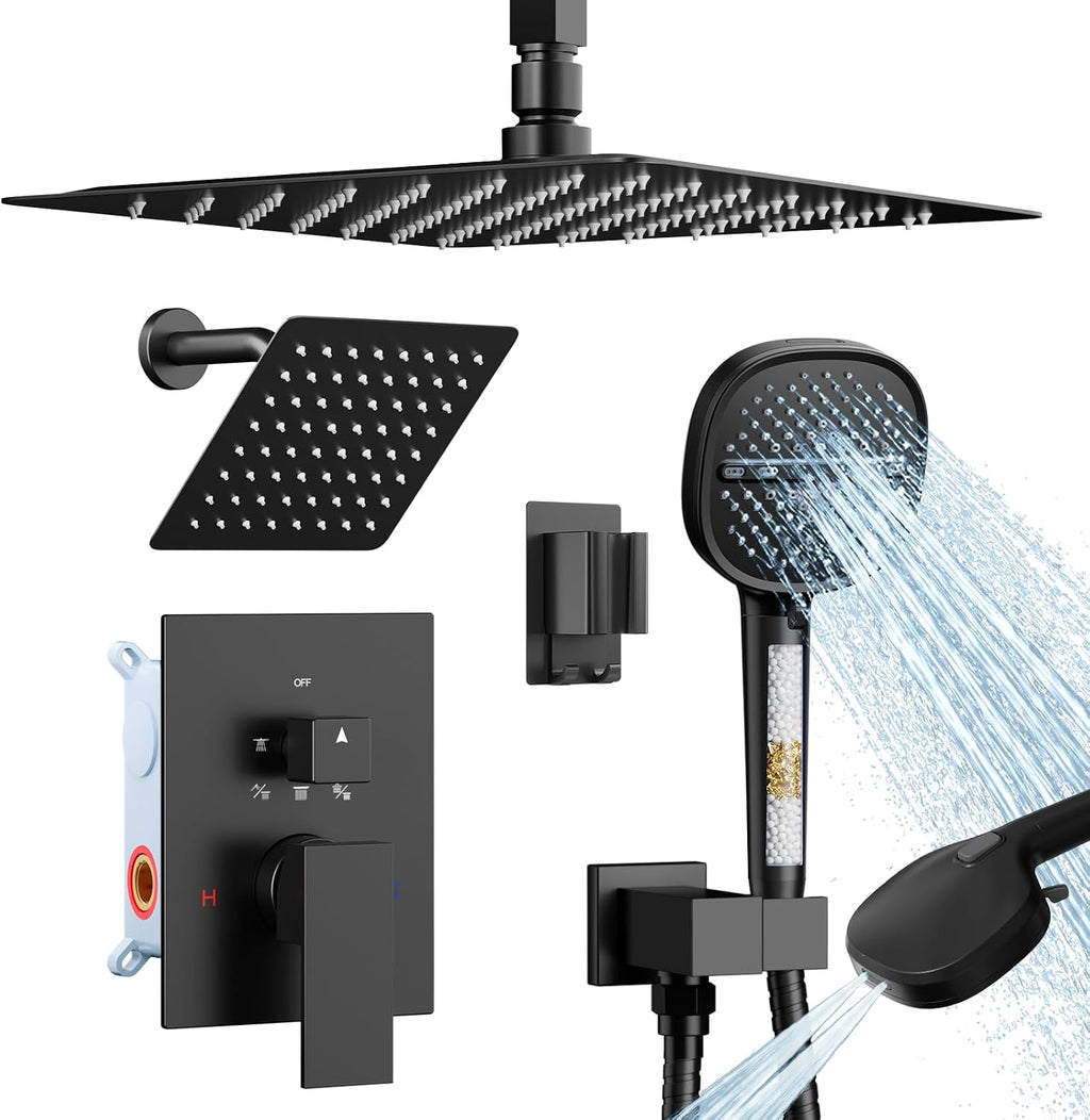 Matte Black Shower System Shower Faucet Sets, Dual Head Shower Set STARBATH 12'' Ceiling Mount and 6''Wall Mount Rainfall Shower Systems with Multifunctional Filtered Handheld Sprayer for Two Person