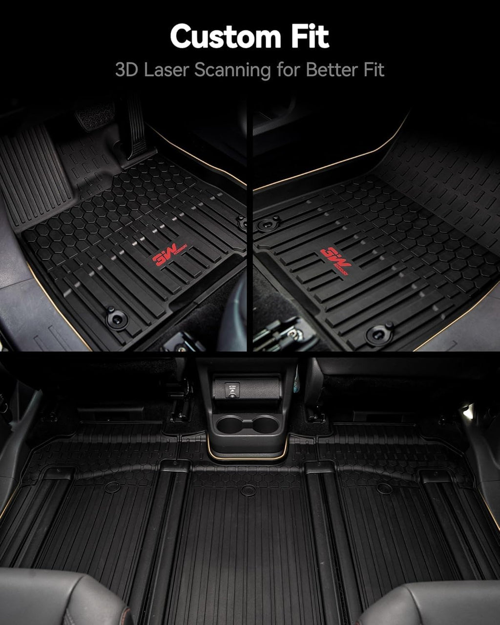 3W Floor Mats&Trunk Mat Fit Toyota Sienna 2021-2026 LE/XLE(Only for 8 Seat), TPE All Weather Custom Fit Floor Liner for Sienna 1st, 2nd and 3rd Row &Cargo Liner, Black with Red Accent