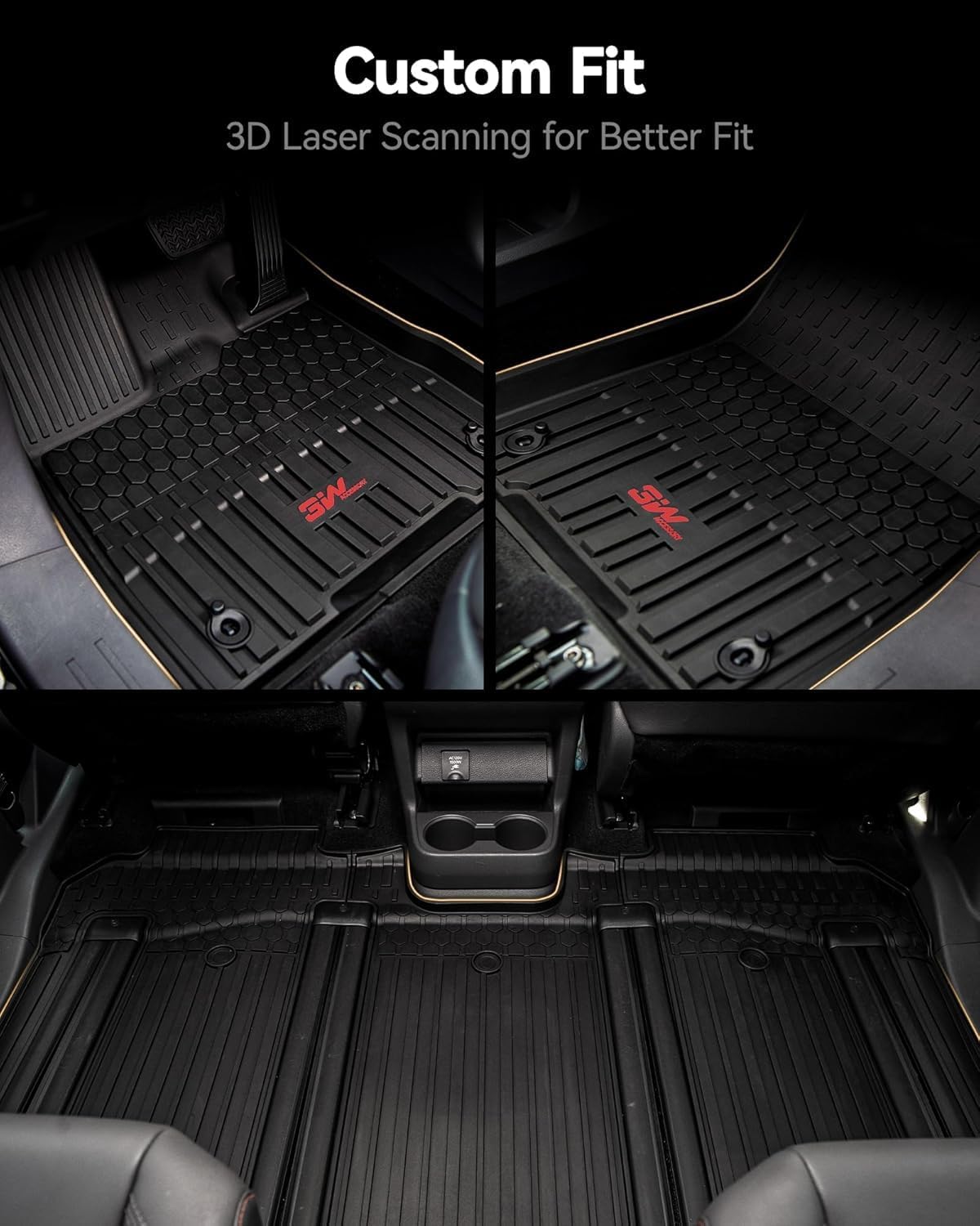 3W Floor Mats&Trunk Mat Fit Toyota Sienna 2021-2026 LE/XLE(Only for 8 Seat), TPE All Weather Custom Fit Floor Liner for Sienna 1st, 2nd and 3rd Row &Cargo Liner, Black with Red Accent
