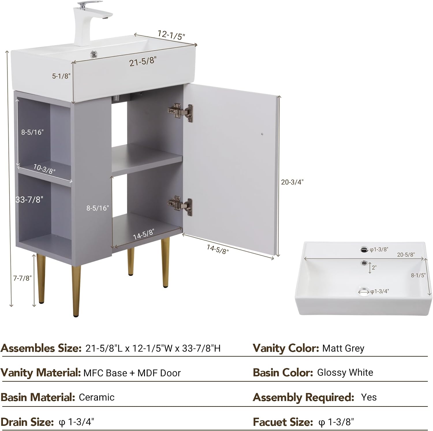 Merax Bathroom Vanity, Undermount Sinks Vanity with Side Storage, 20 Inch Free Standing Bathroom Storage Cabinet Combo Set, One Piece Sink Basin Bathroom Vanity, Gray