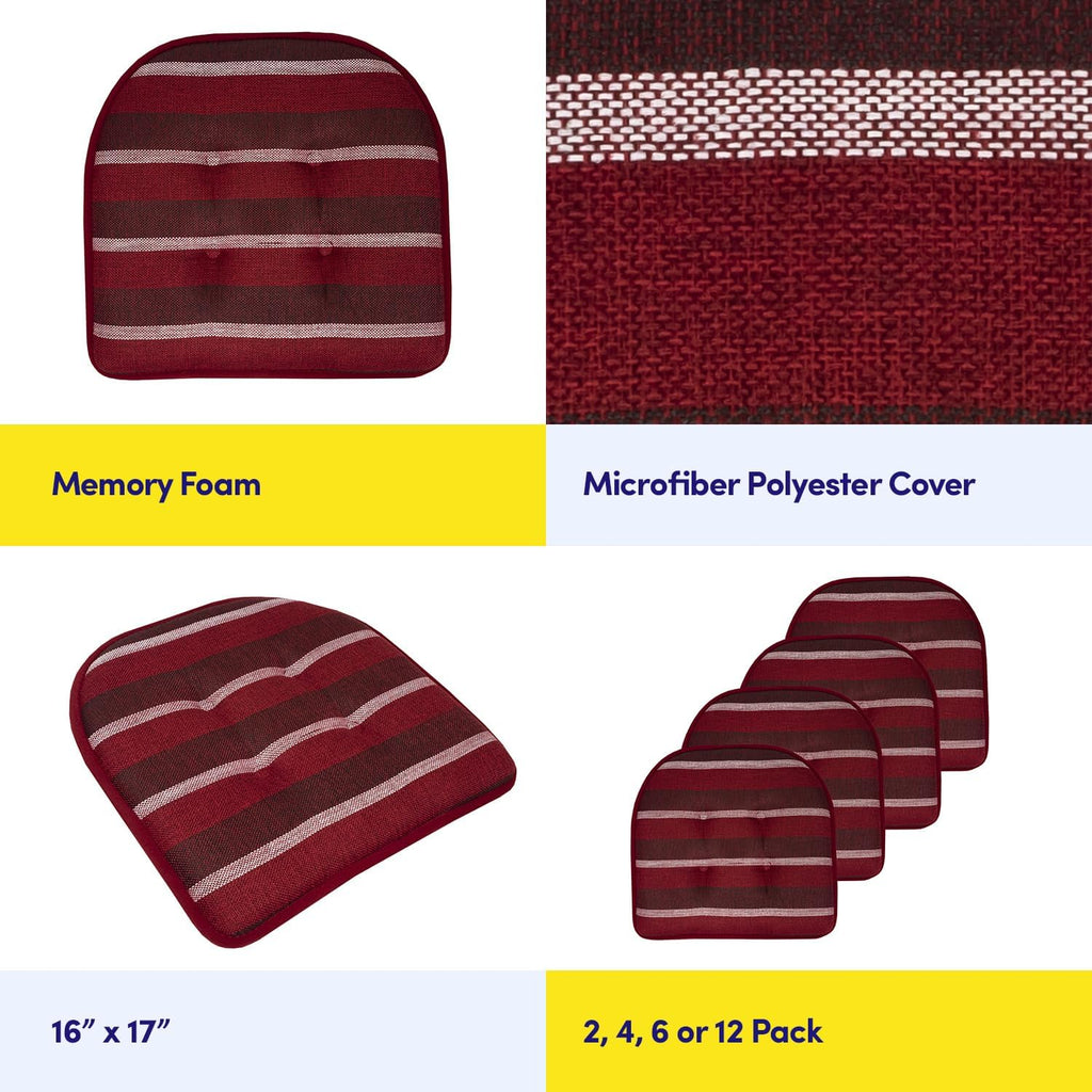 Sweet Home Collection Chair Cushion Memory Foam Pads Tufted Slip Non Skid Rubber Back U-Shaped 17' x 16' Seat Cover, 12 Count (Pack of 1), Bradford Burgundy