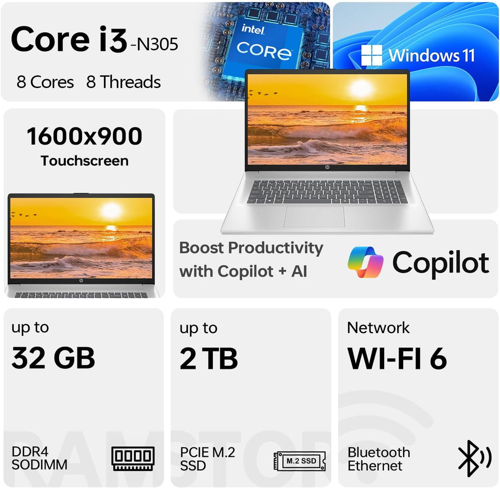 HP 17 Business Laptop, 17.3' HD+ Touchscreen, 8-Cores Intel Core i3-N305 Processor, 8GB Memory, 128GB eMMC, Copilot AI, Webcam, Wi-Fi 6, Windows 11, Silver