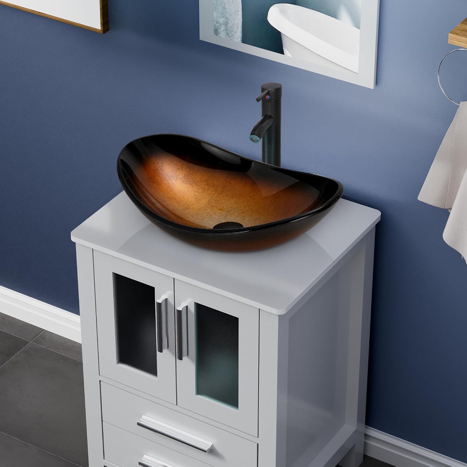 UEV 24' Grey Bathroom Vanity with Vessel Sink,Modern Bathroom Vanity Cabinet, Faucet Sink Bowl,Pop Up Drain Included,Modern Brown Boat Tempered Glass Vessel Sink,Mirror Not Included (029BR)