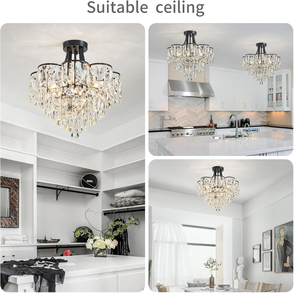 WUZUPS Crystal Chandelier Semi-Flushmount Ceiling Light Modern Lighting Fixture for Bedroom Hallway Entry Kitchen Bathroom, H 19.3' x W 18.3', E12 Base, Black