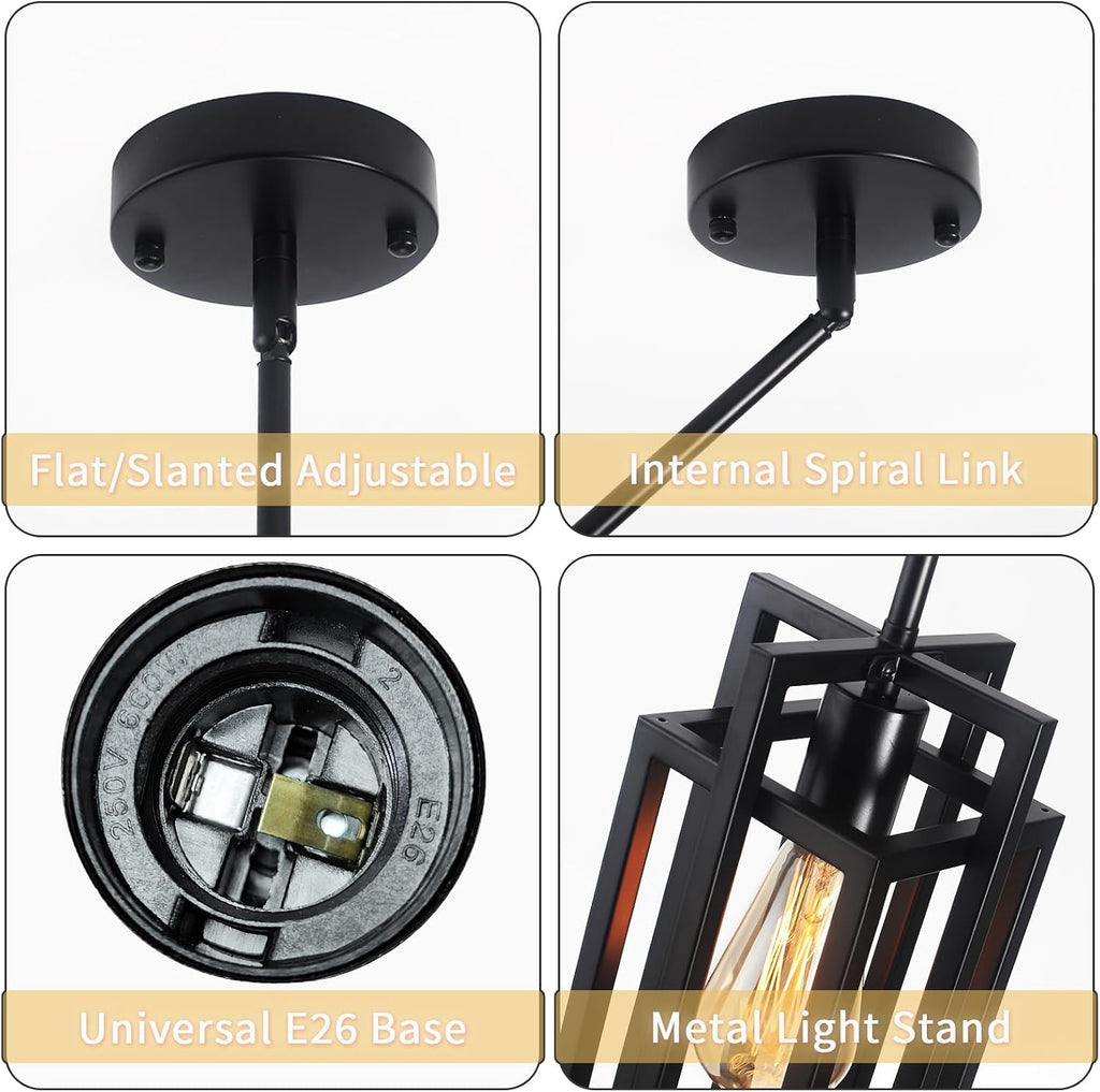 Farmhouse Pendant Light Fixtures 2 Pack 1 Light, Cage Black Finish Modern Pendant Lights with Max 59'' Adjustable, Small Square Pendant Ceiling Hanging Light for Kitchen Island Dining Room Entryway