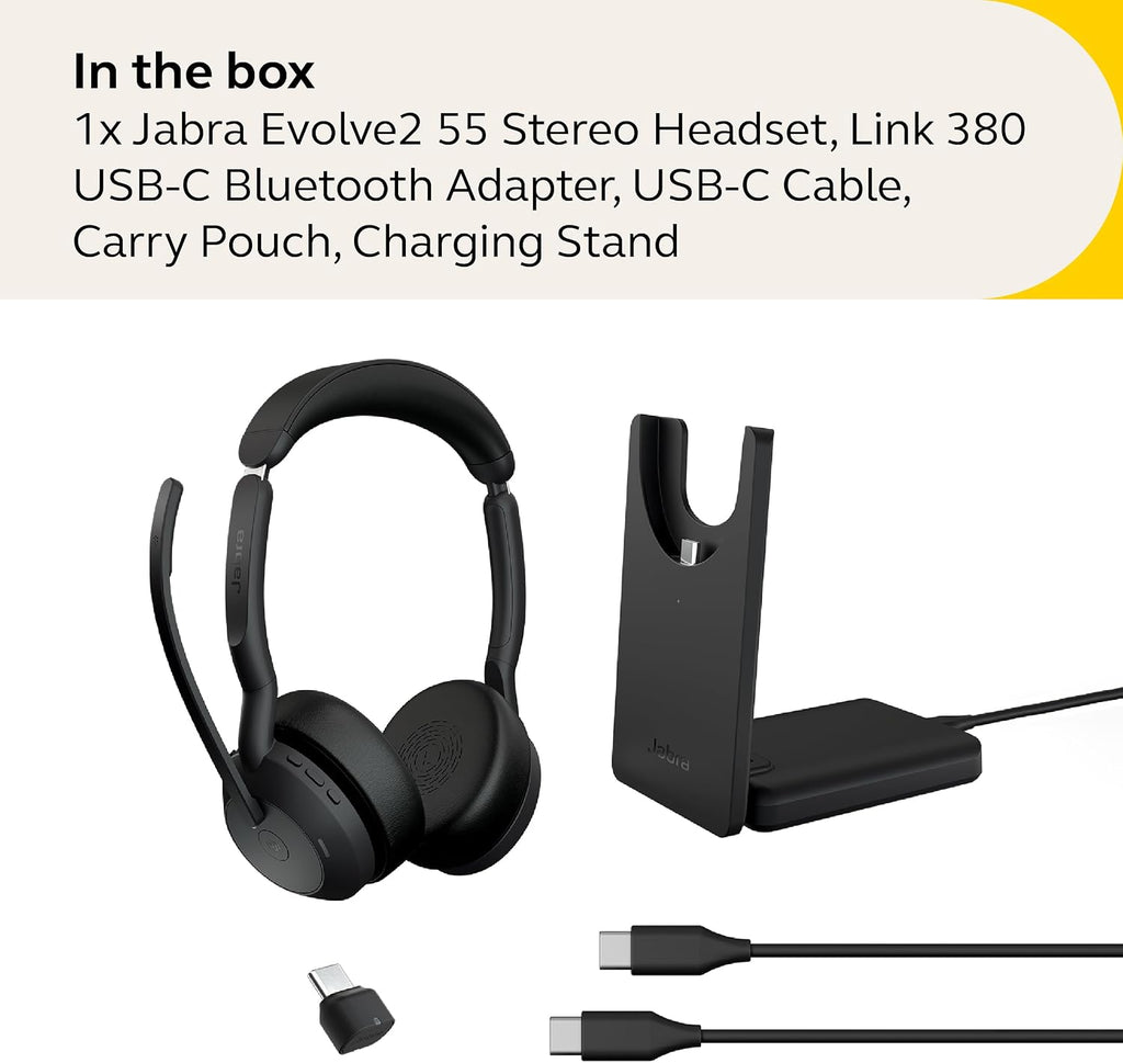 Jabra Evolve2 55 Stereo Wireless Headset with Charging Stand AirComfort Technology, Noise-Cancelling Mics & Active Noise Cancellation - MS Teams Certified, Works with Other Platforms - Black