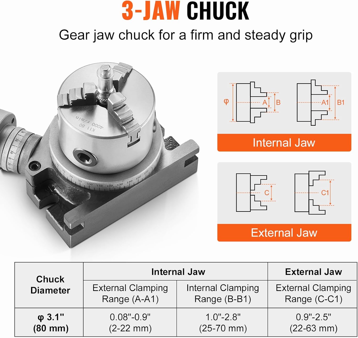 VEVOR Rotary Table for Milling Machines, 4''/ 100 mm, Horizontal Vertical Model Precision Milling Rotary Table, with 3.1''/80 mm 3-Jaw Chuck M10 T-Bolts Nuts, for Milling Engineering Indexing Tools